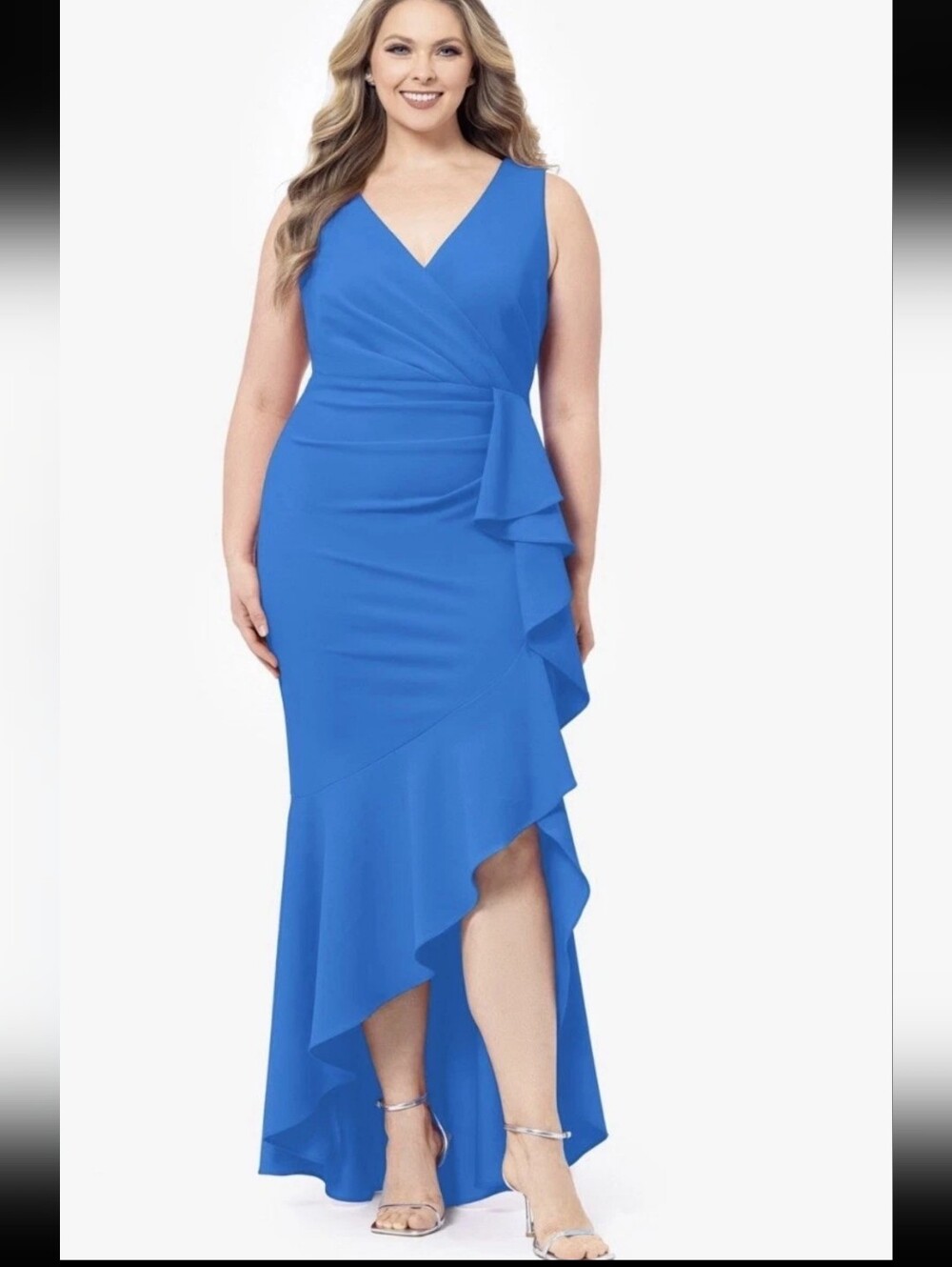 Betsy & Adam 20W Blue Ruffle High Low Maxi Formal Gown NWT $269